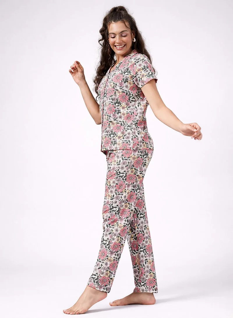 كلوفيا Floral Print Button-Down Shirt & Pyjama Set in Multicolour - 100% Cotton